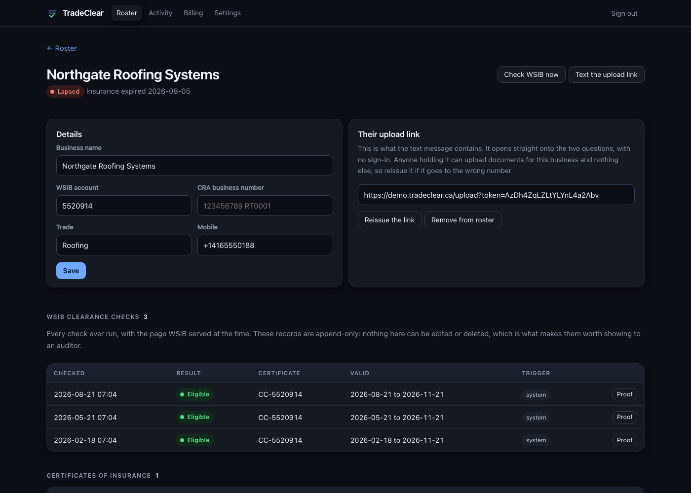 One trade contractor, showing every WSIB clearance check ever run with a link to the stored proof