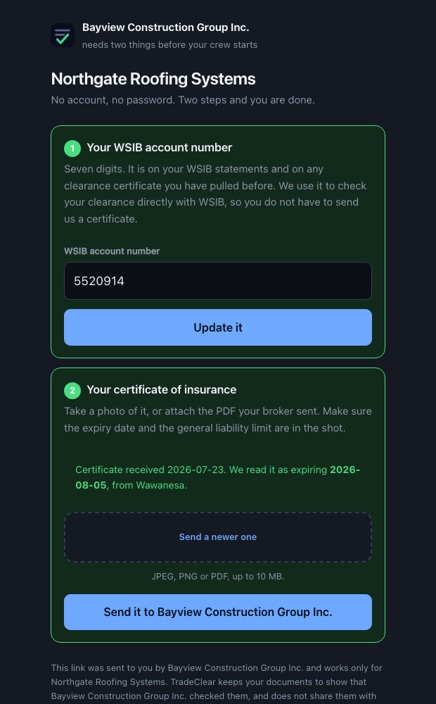 The subcontractor upload page on a phone, asking for a WSIB account number and a photo of the certificate of insurance