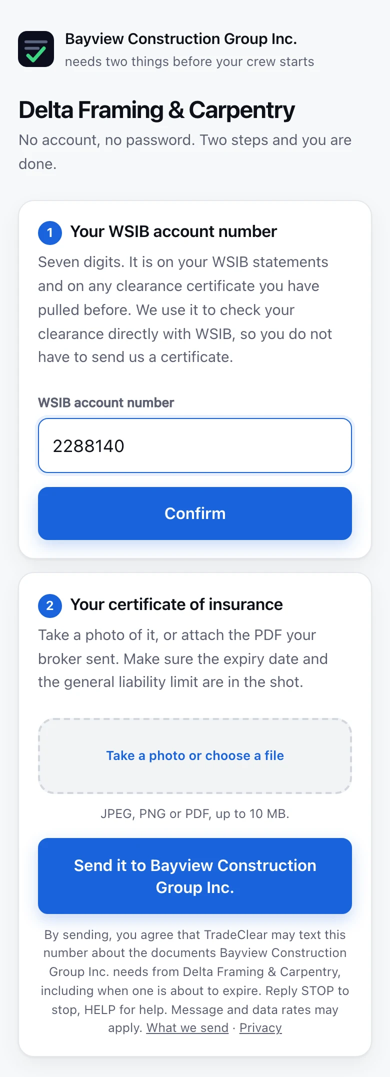 The subcontractor upload page on a phone, asking for a WSIB account number and a photo of the certificate of insurance