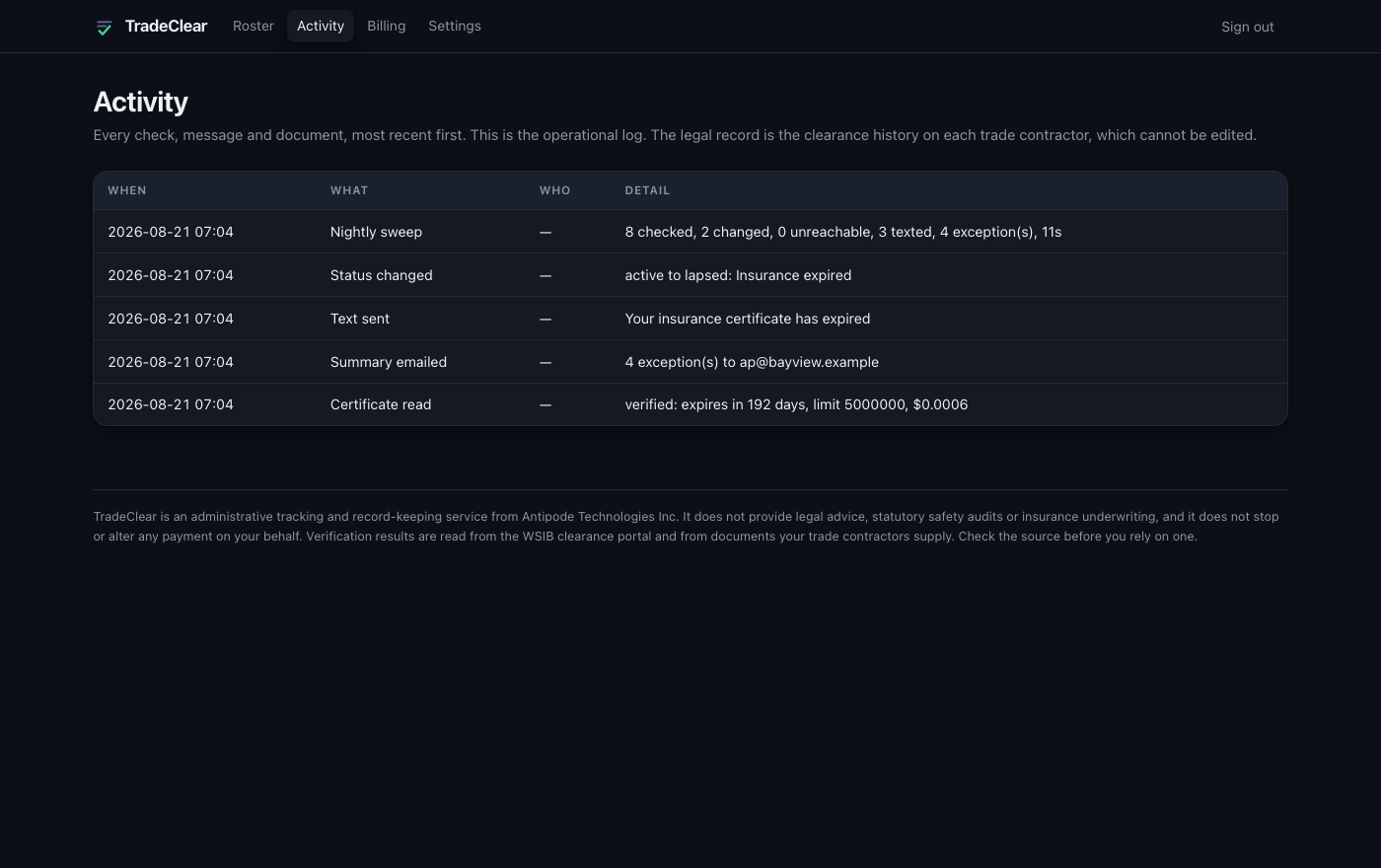 The activity log listing checks, texts and document uploads in order